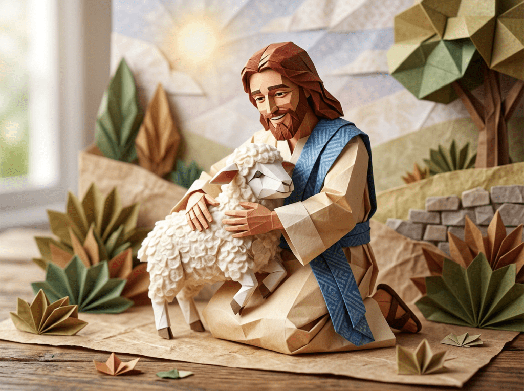 Paper sculpture of Jesus holding a white sheep surrounded by paper trees and plants